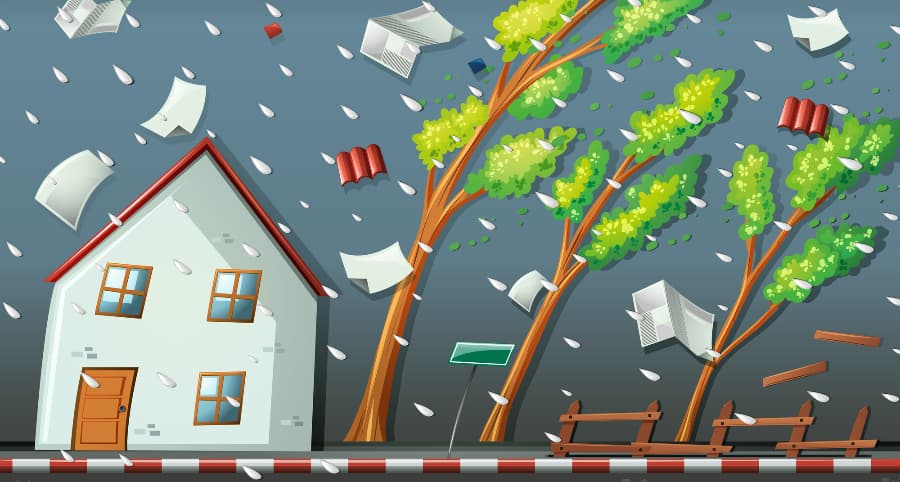 Representation of a storm striking a house and the immediate surroundings